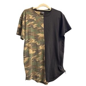 KRISP NYC Mens T-Shirt Half Camo Half Black Asymmetrical Hem with Zippers Size L